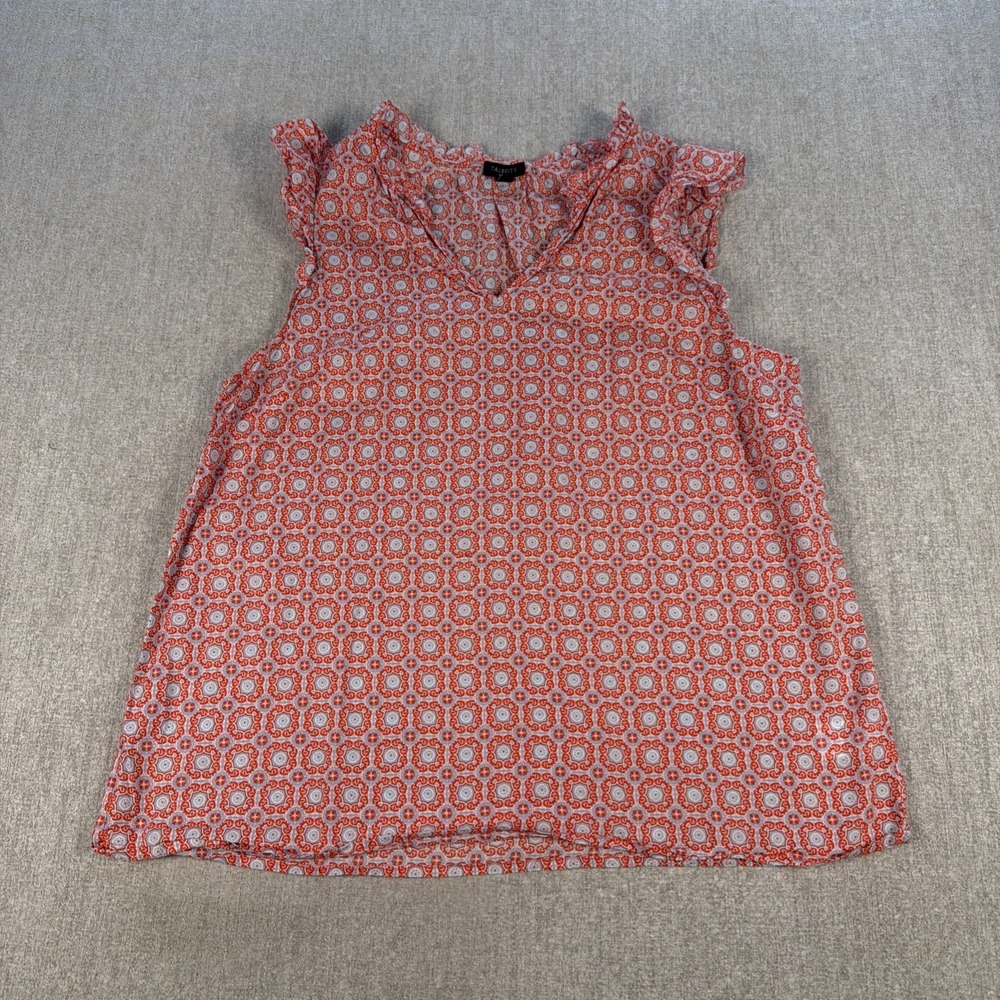 Talbots Sleeveless Top Women's L Petite Geometric Red Blue 100% Cotton Blouse